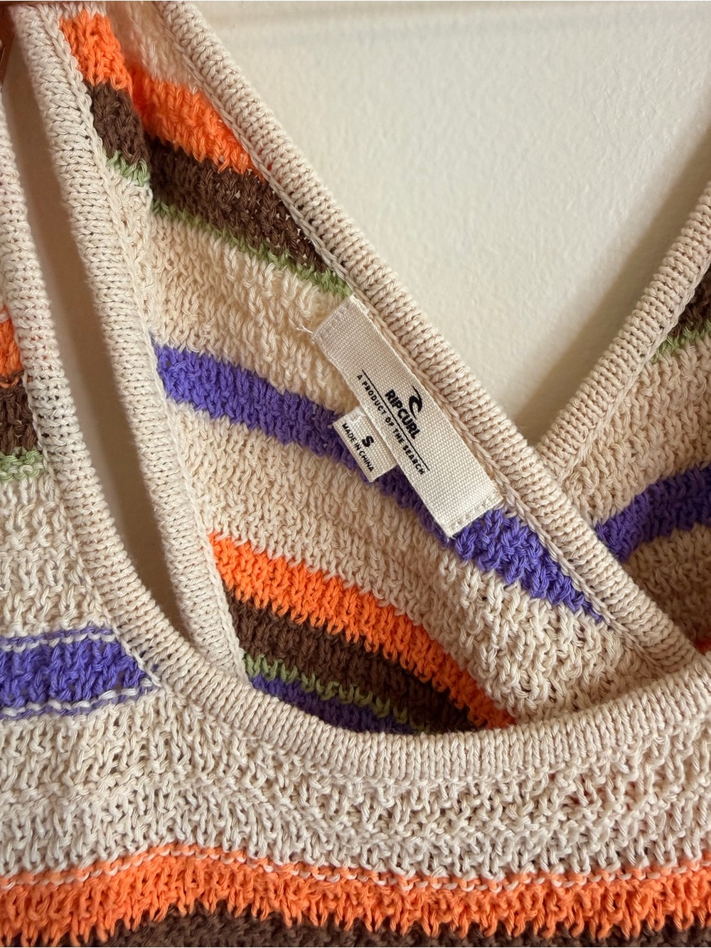 Rip Curl Striped Crochet Tank Top in Cream, Orange & Blue - Picture 3 of 4